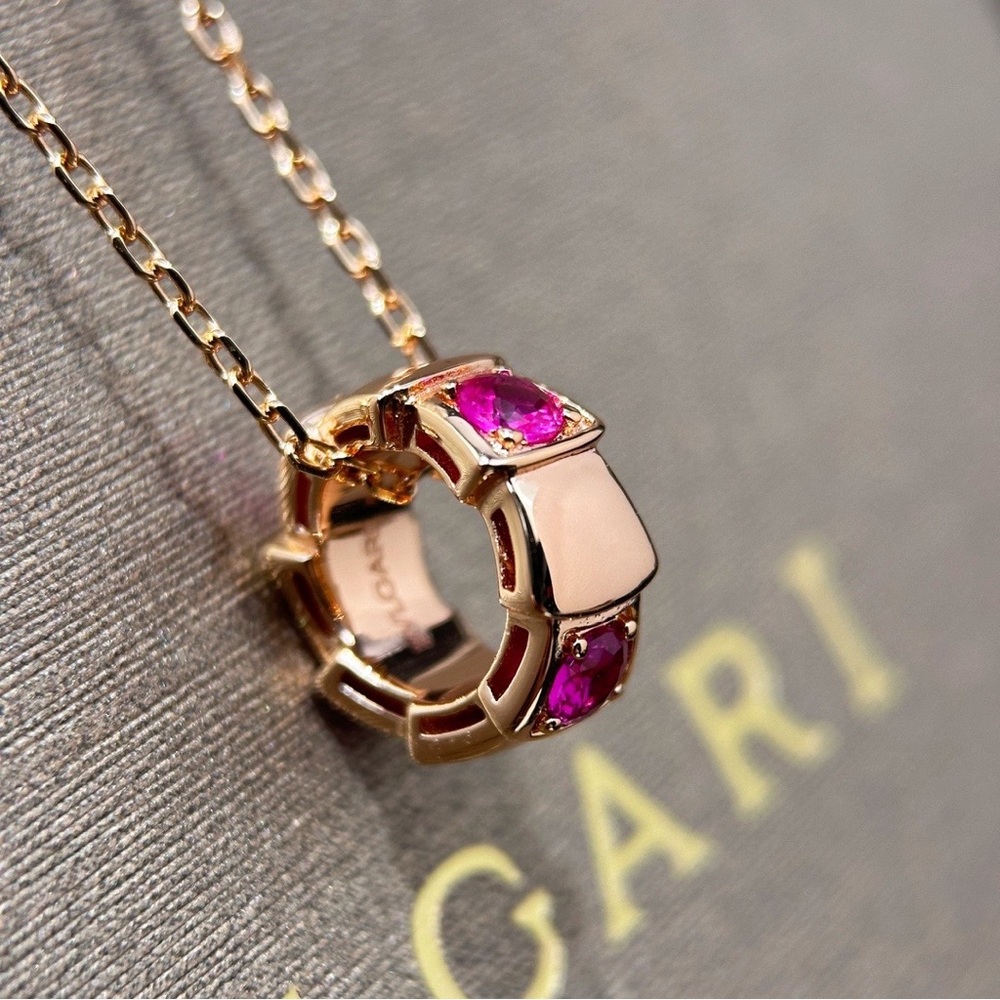 Bulgari Rose Gold Necklace with Red Pendant and Chain Detail - Picture 6 of 8